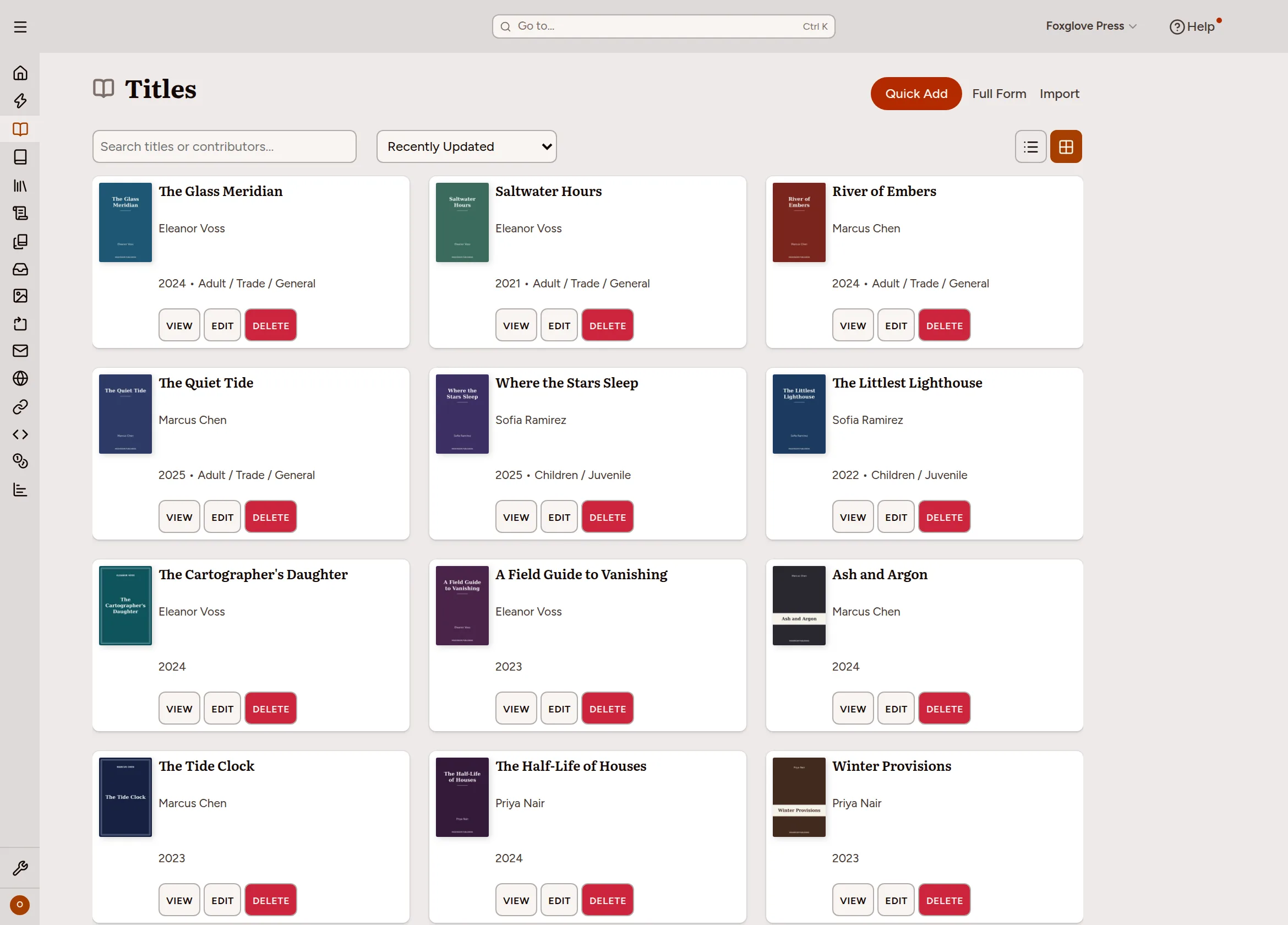 The Titles page in Pubblish: a grid of book covers, one card per title, with search and filters above